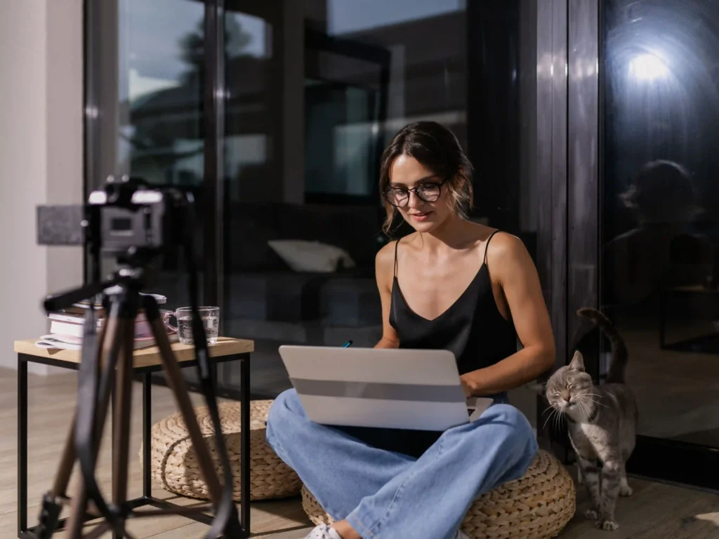 Creadora de contenido grabando y editando para generar ganancias en OnlyFans Argentina